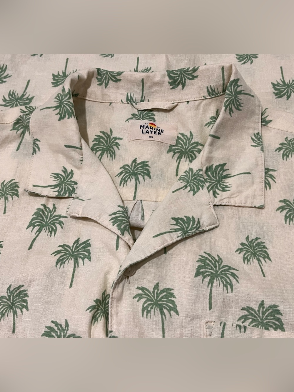 Marine Layer Green Palm-Print Short-Sleeve Shirt AOP Hemp Blend Cream White EUC